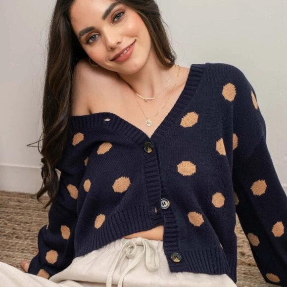 Polka Dot Button Up Cardigan V neckline - balloon sleeve - button up - p… - Picture 1 of 3